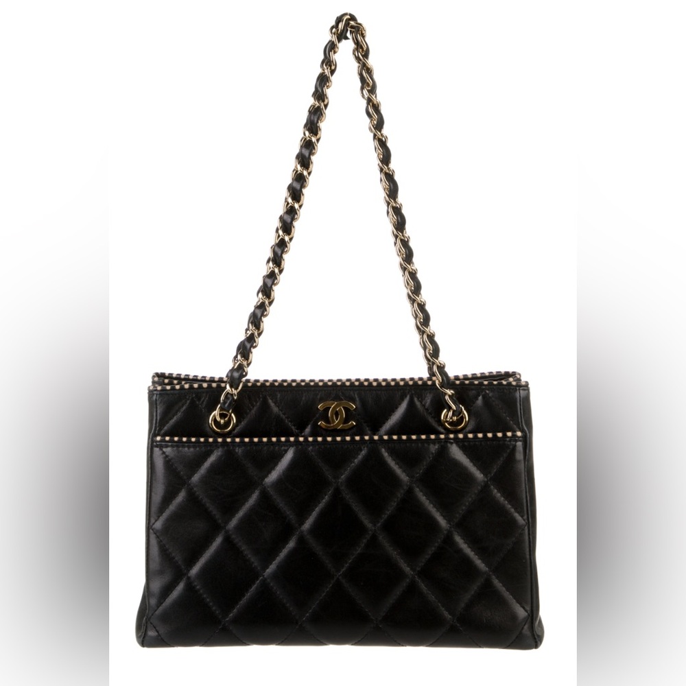 Chanel Vintage Beige Cut Out Black Quilted Lambskin Gold Chain Tote Shoulder Bag